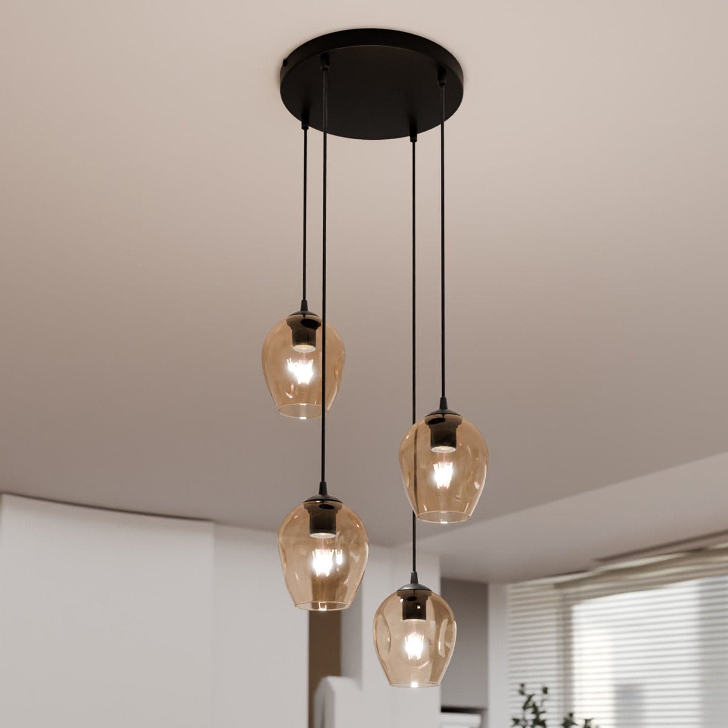 Lampadario 4 Luci Istar Base Tonda In Acciaio Nero E Vetri Ambra in Lampade a sospensione LuceArt - Montecorvino Pugliano, commercioVirtuoso.it