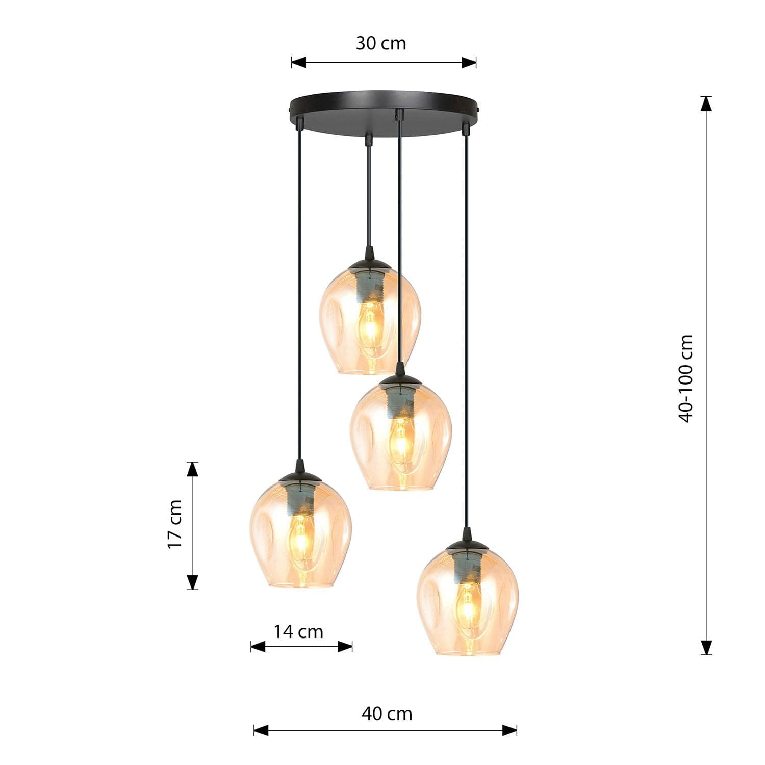 Lampadario 4 Luci Istar Base Tonda In Acciaio Nero E Vetri Ambra in Lampade a sospensione LuceArt - Montecorvino Pugliano, commercioVirtuoso.it