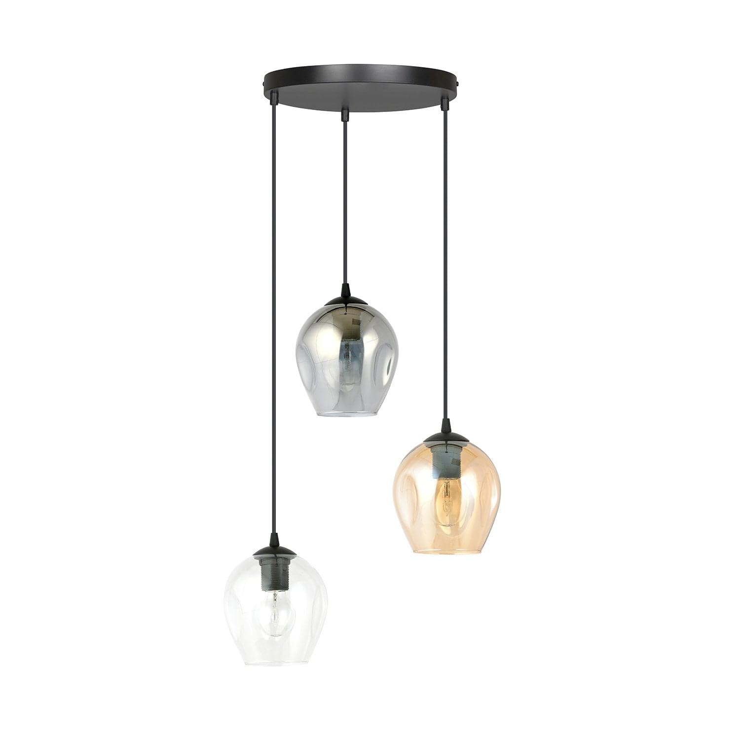 Lampadario 3 Luci Istar Base Tonda Acciaio Nero E Vetri Ambra Trasparente E Fumè in Lampade a sospensione LuceArt - Montecorvino Pugliano, commercioVirtuoso.it