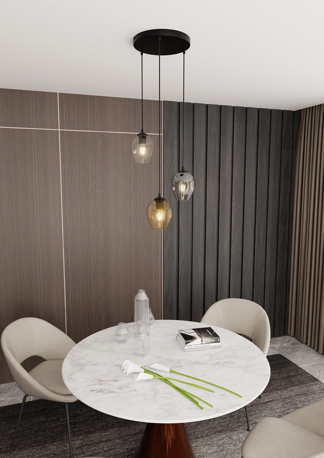 Lampadario 3 Luci Istar Base Tonda Acciaio Nero E Vetri Ambra Trasparente E Fumè in Lampade a sospensione LuceArt - Montecorvino Pugliano, commercioVirtuoso.it