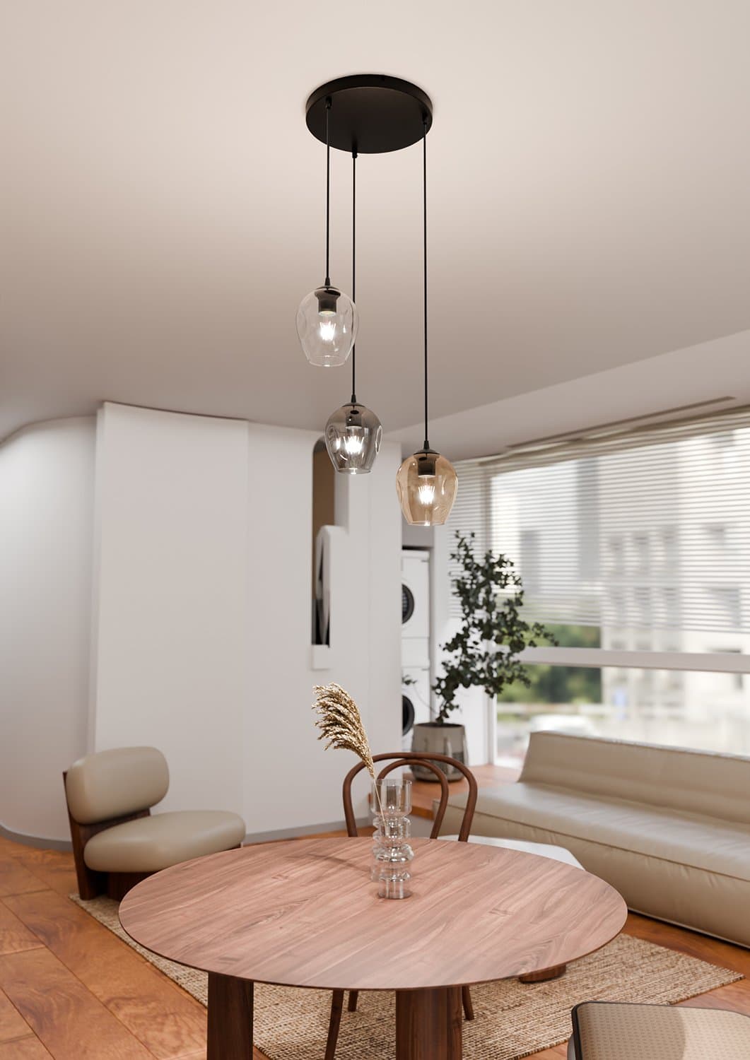 Lampadario 3 Luci Istar Base Tonda Acciaio Nero E Vetri Ambra Trasparente E Fumè in Lampade a sospensione LuceArt - Montecorvino Pugliano, commercioVirtuoso.it