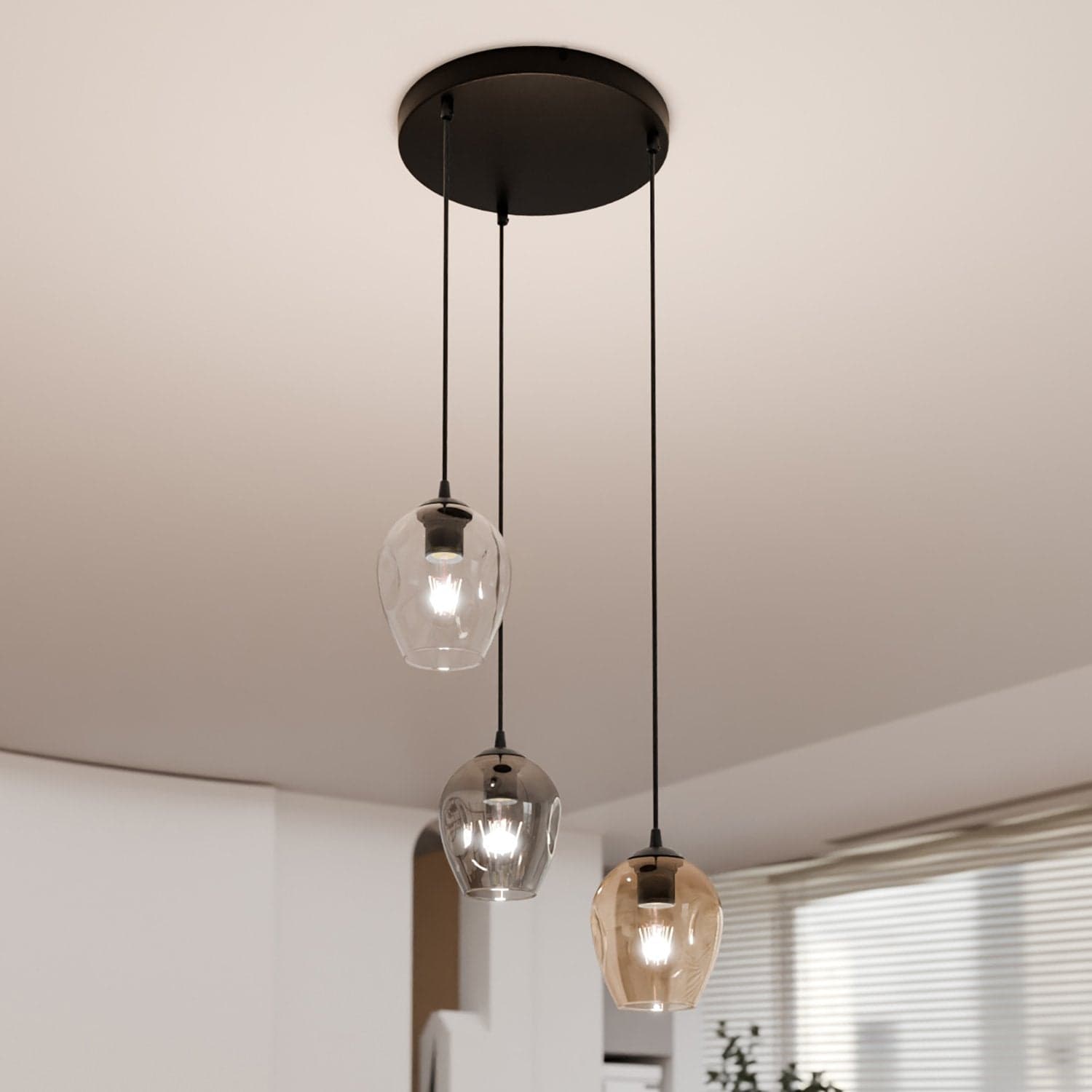 Lampadario 3 Luci Istar Base Tonda Acciaio Nero E Vetri Ambra Trasparente E Fumè in Lampade a sospensione LuceArt - Montecorvino Pugliano, commercioVirtuoso.it