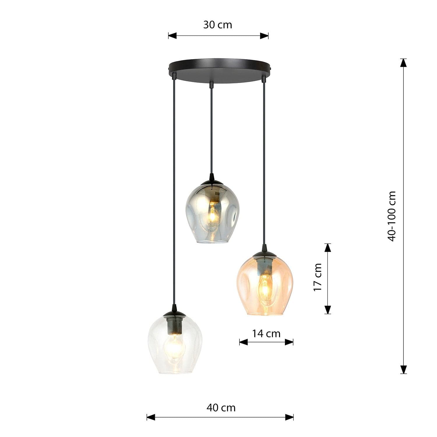 Lampadario 3 Luci Istar Base Tonda Acciaio Nero E Vetri Ambra Trasparente E Fumè in Lampade a sospensione LuceArt - Montecorvino Pugliano, commercioVirtuoso.it