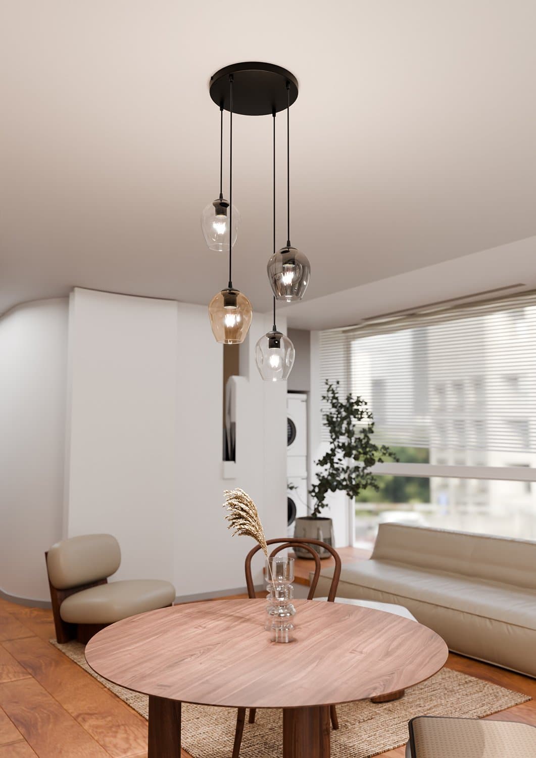 Lampadario 4 Luci Istar Base Tonda Acciaio Nero E Vetri Ambra Trasparente E Fumè in Lampade a sospensione LuceArt - Montecorvino Pugliano, commercioVirtuoso.it