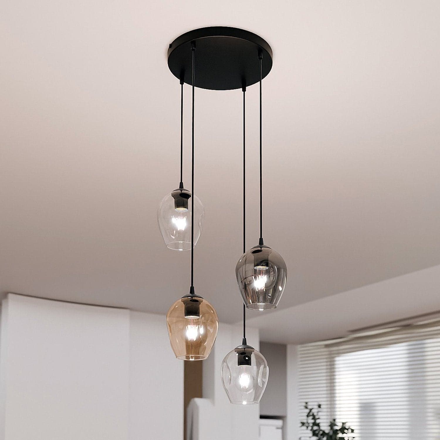 Lampadario 4 Luci Istar Base Tonda Acciaio Nero E Vetri Ambra Trasparente E Fumè in Lampade a sospensione LuceArt - Montecorvino Pugliano, commercioVirtuoso.it