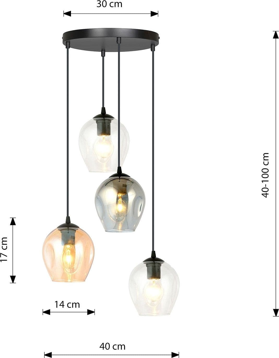 Lampadario 4 Luci Istar Base Tonda Acciaio Nero E Vetri Ambra Trasparente E Fumè in Lampade a sospensione LuceArt - Montecorvino Pugliano, commercioVirtuoso.it