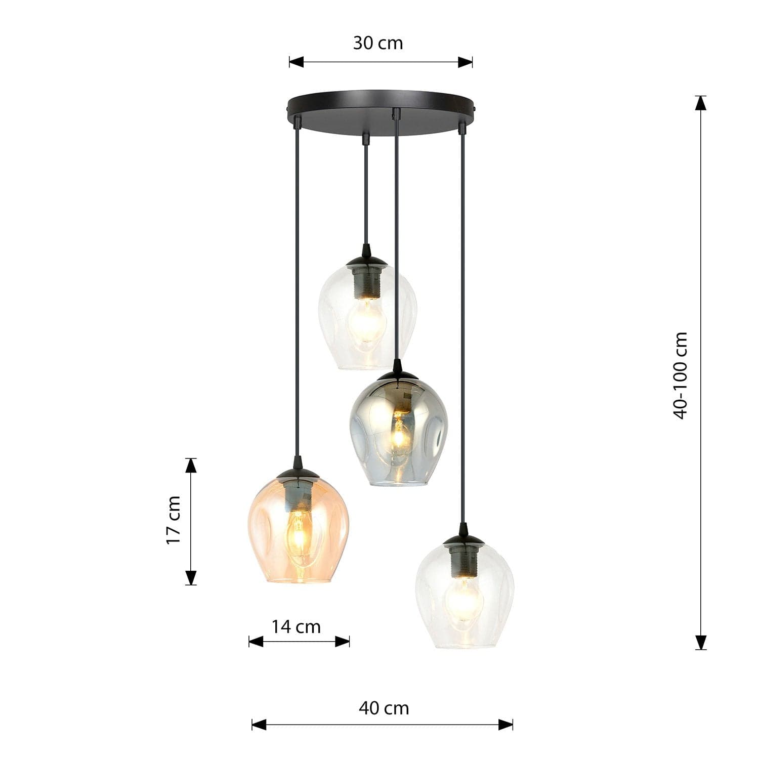 Lampadario 4 Luci Istar Base Tonda Acciaio Nero E Vetri Ambra Trasparente E Fumè in Lampade a sospensione LuceArt - Montecorvino Pugliano, commercioVirtuoso.it
