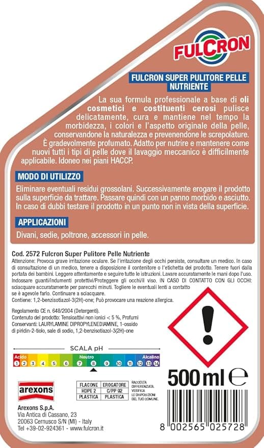 Arexons Fulcron Pulitore Pelle 500 Ml- 1,0 Pz in Detergenti per pelle BricoGo - Marano di Napoli, commercioVirtuoso.it