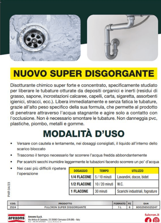 Disgorgante Liquido Professionale Per Tubature 'Fulcron' Lt 1 - 6 Pezzi Arexons in Disgorganti per tubature BricoGo - Marano di Napoli, commercioVirtuoso.it