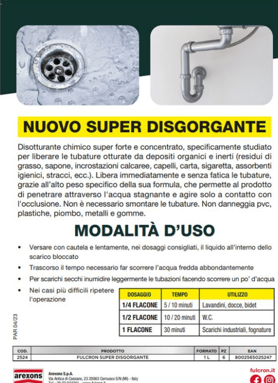 Disgorgante Tubature 'Fulcron Super' 1 Lt Arexons in Disgorganti per tubature BricoGo - Marano di Napoli, commercioVirtuoso.it