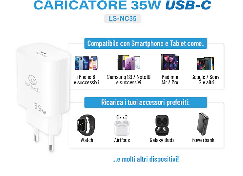Caricabatteria Da Muro Carica Rapida - 35 W - Lostech in Caricabatterie da muro BricoGo - Marano di Napoli, commercioVirtuoso.it