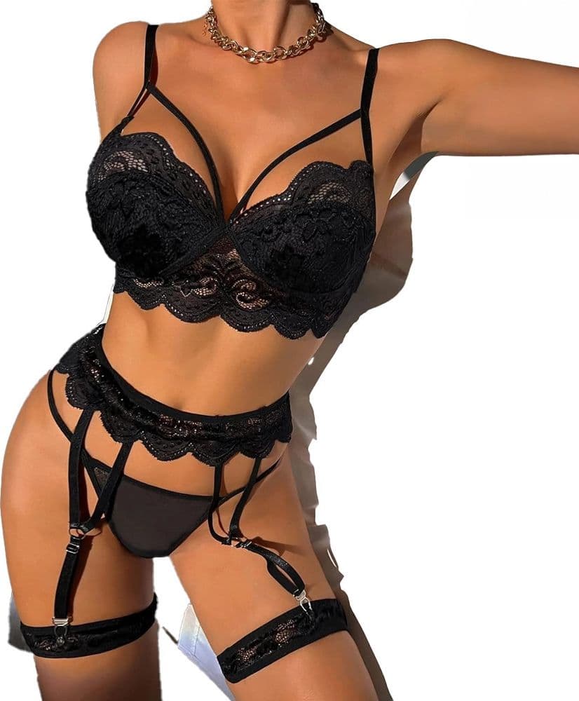 Completino Sexy Nero in Pizzo con Reggicalze Reggiseno e Perizoma Hot Lingerie in Completi intimi Do You Erotic - Napoli, commercioVirtuoso.it