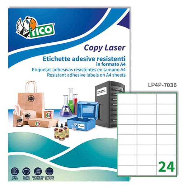 Poliestere adesivo LP4P bianco 70fg A4 70x36mm (24et/fg laser Tico
