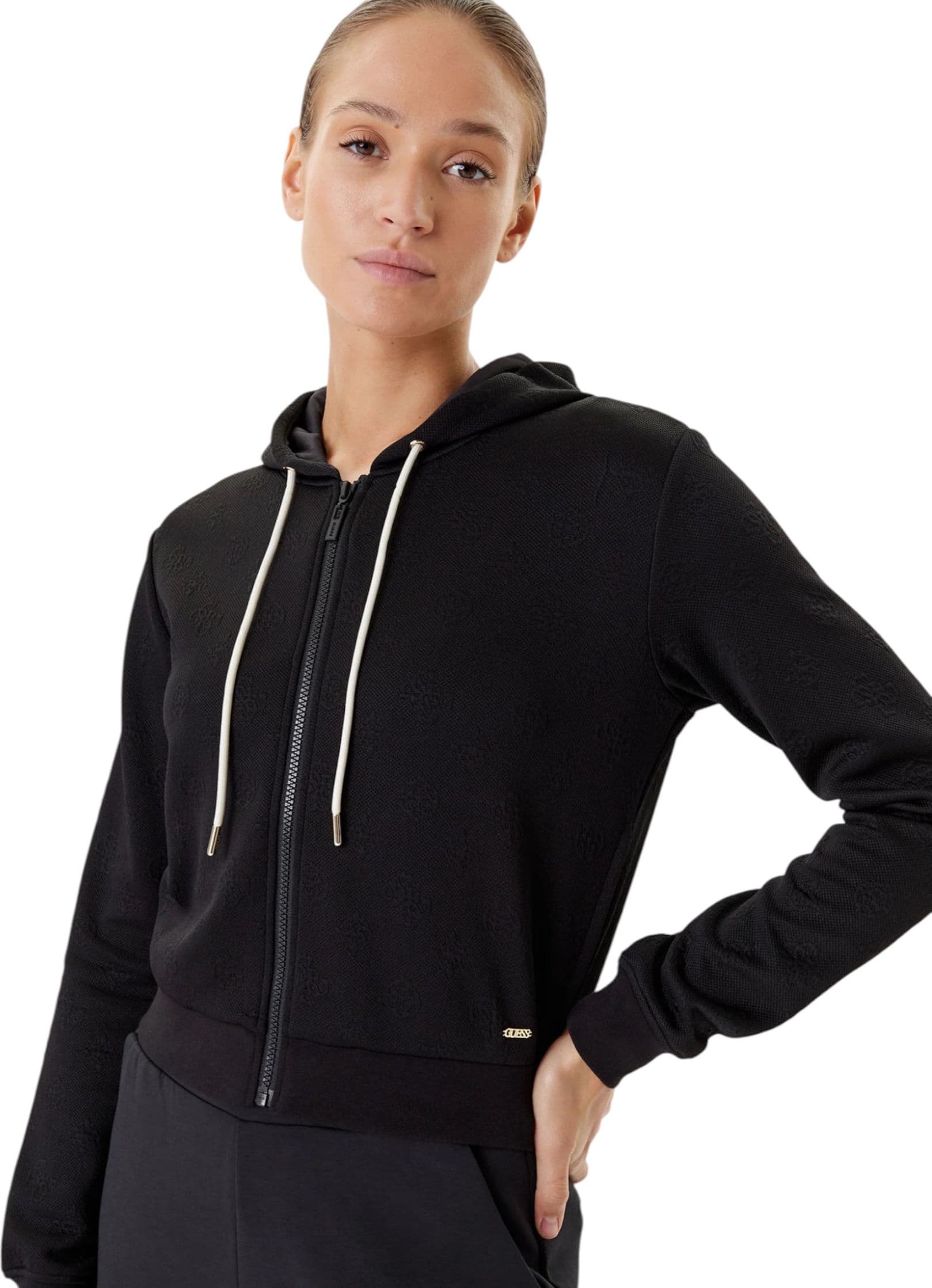GUESS ACTIVEWEAR Felpa con cappuccio, zip intera e logo all over Donna Guess Activewear Regular Fit da donna in Felpe con cappuccio Drestige - Casamassima, commercioVirtuoso.it