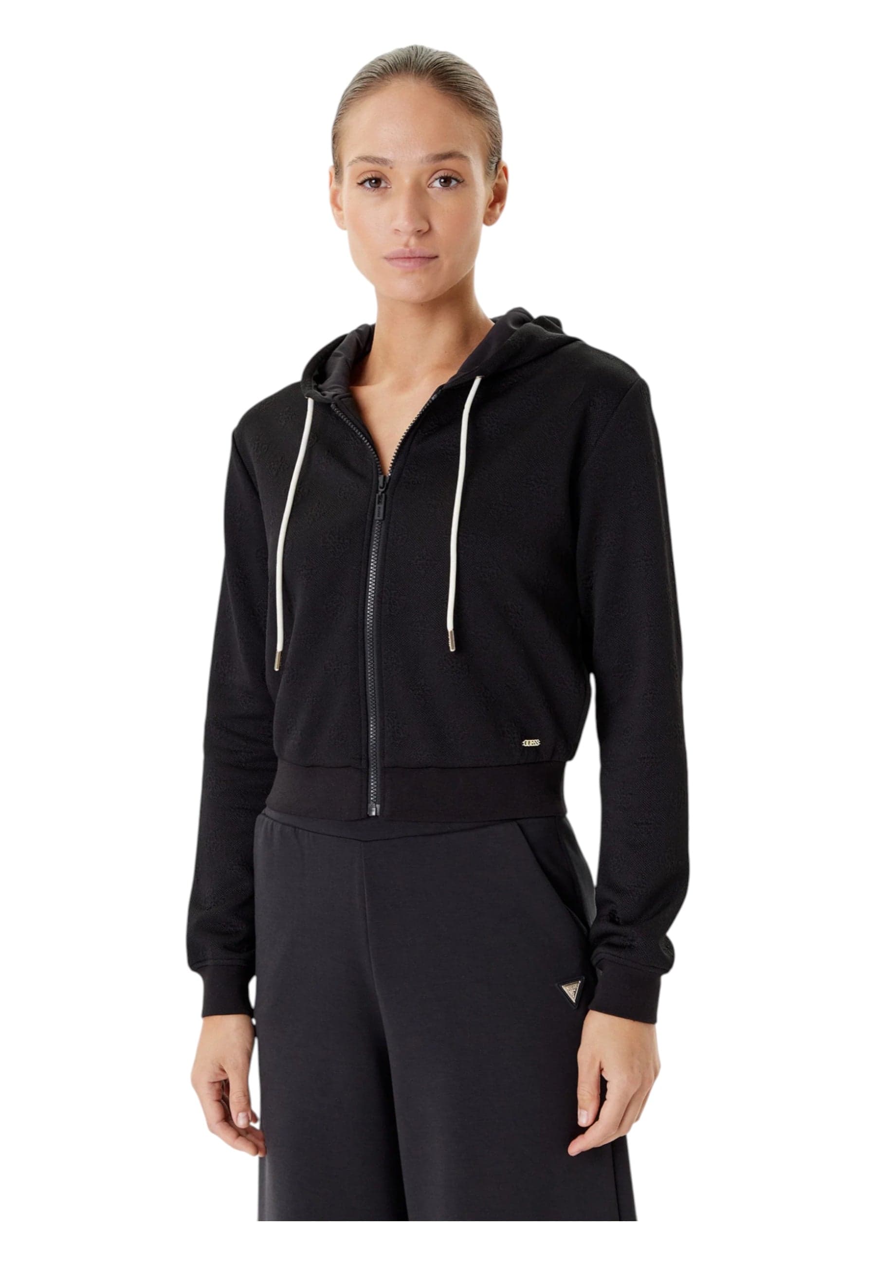 GUESS ACTIVEWEAR Felpa con cappuccio, zip intera e logo all over Donna Guess Activewear Regular Fit da donna in Felpe con cappuccio Drestige - Casamassima, commercioVirtuoso.it
