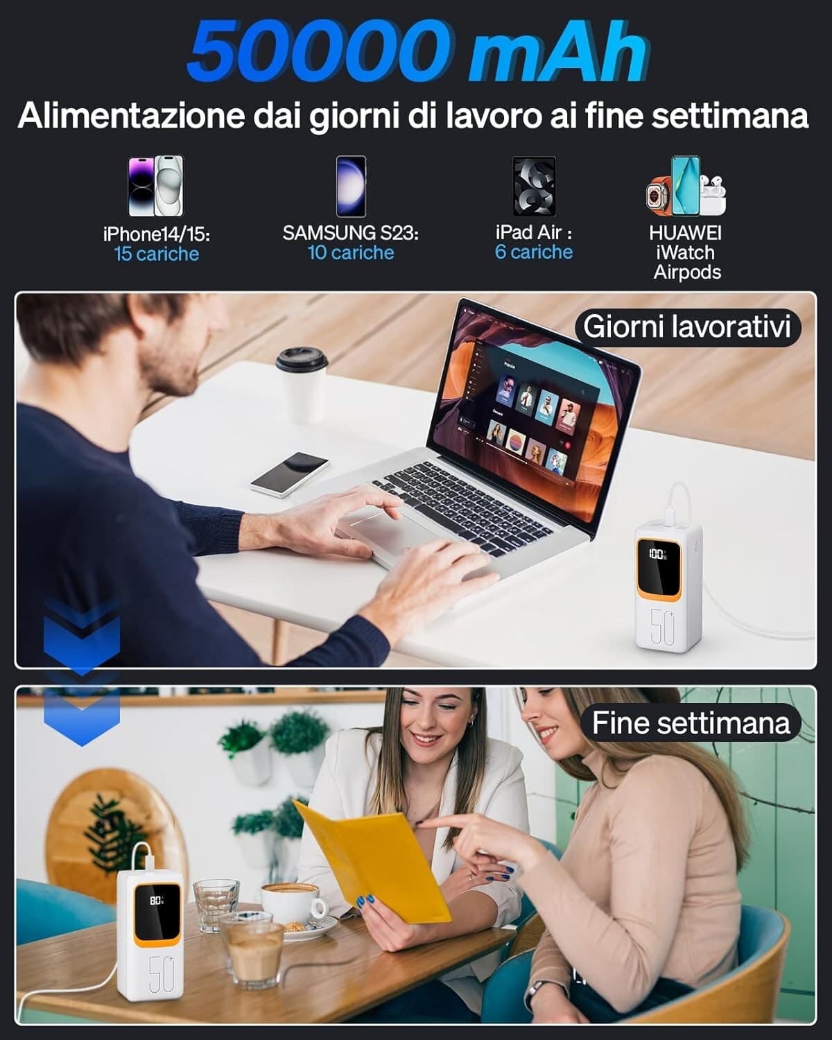 Power Bank Batteria esterna 50000 mAh con cavo integrato 7 uscite e 3 ingressi in Caricabatterie portatile CL Store - Battipaglia, commercioVirtuoso.it