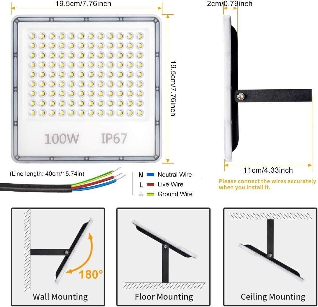 Proiettore a Led da Esterno 100W 10000LM Luce di Sicurezza Impermeabile IP67 in Proiettori CL Store - Battipaglia, commercioVirtuoso.it