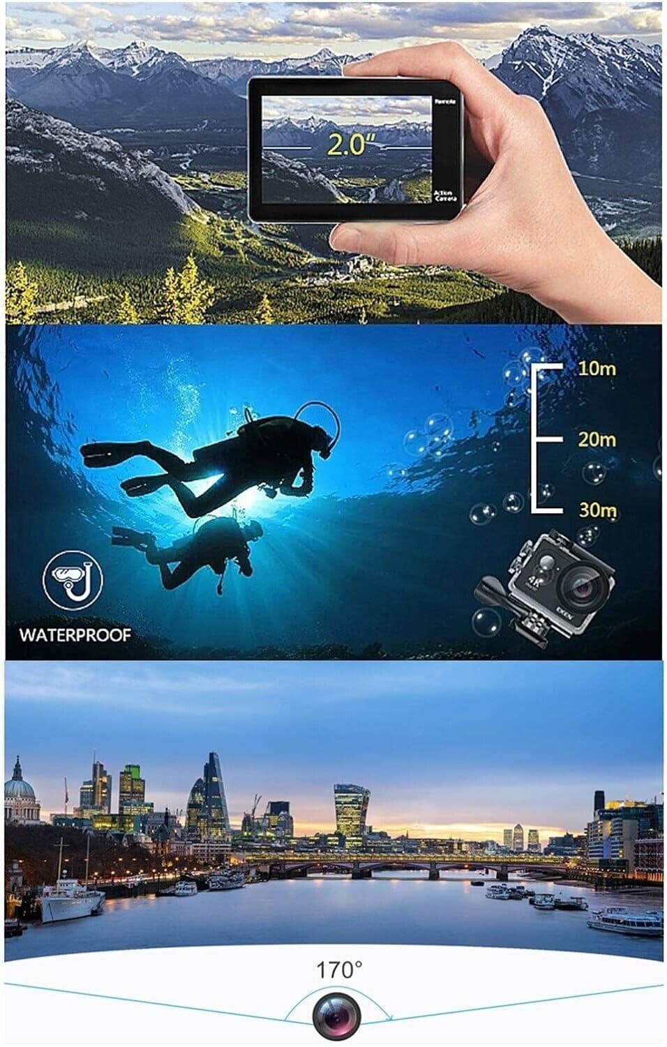 Macchina Fotografica Action Ultra HD 4K 30fps WiFi 2.0" Impermeabile Subacquea in Videocamere subacquee CL Store - Battipaglia, commercioVirtuoso.it