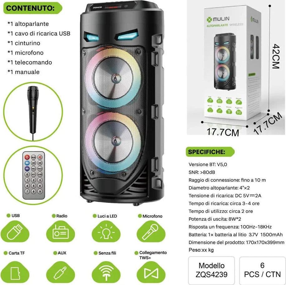 Diffusore portatile cassa bluetooth mp3 karaoke usb aux 10 watt 1500mah ZQS4239 in Monitor CL Store - Battipaglia, commercioVirtuoso.it