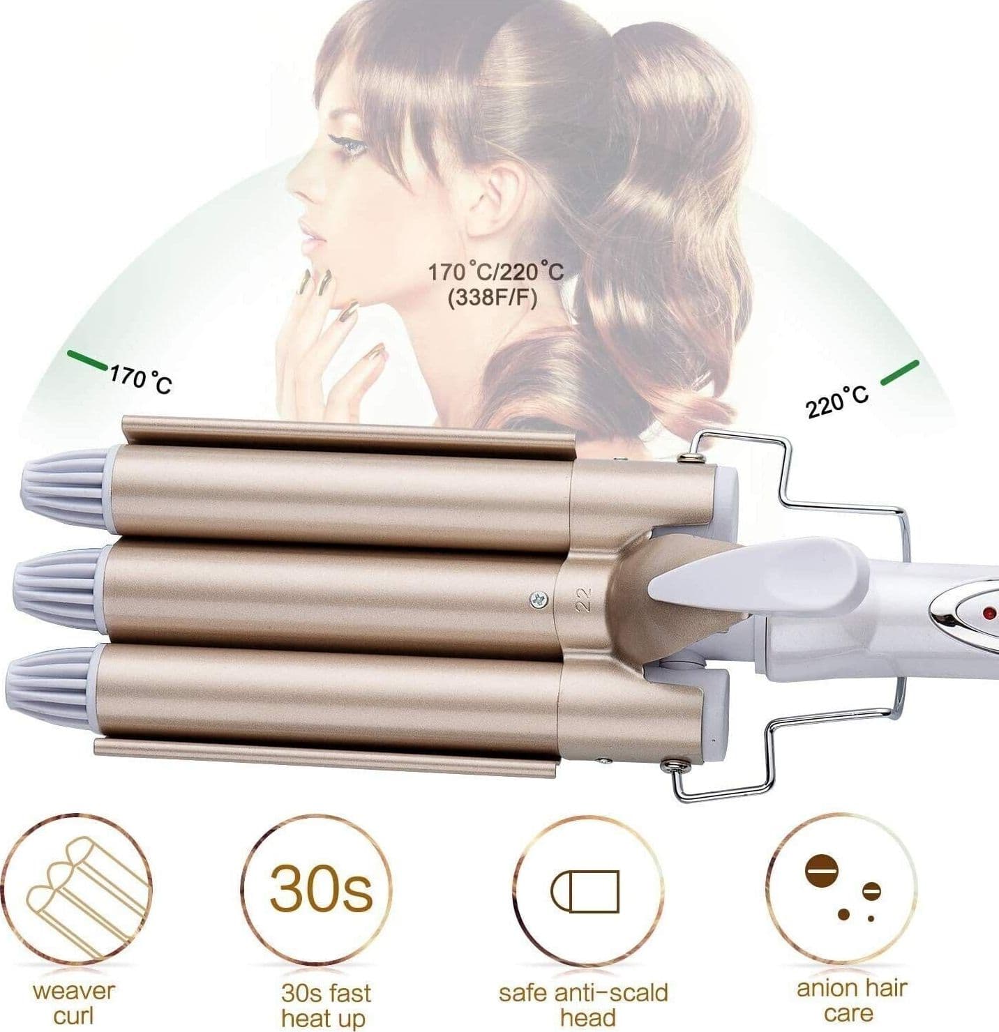 Bacchetta arricciacapelli per capelli con ferro arricciacapelli a 3 a 3 fusti riscaldante in ceramica pro tormalina in Arricciacapelli CL Store - Battipaglia, commercioVirtuoso.it