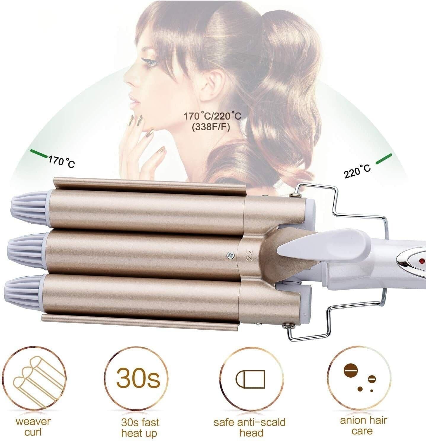Bacchetta arricciacapelli per capelli con ferro arricciacapelli a 3 a 3 fusti riscaldante in ceramica pro tormalina in Arricciacapelli CL Store - Battipaglia, commercioVirtuoso.it