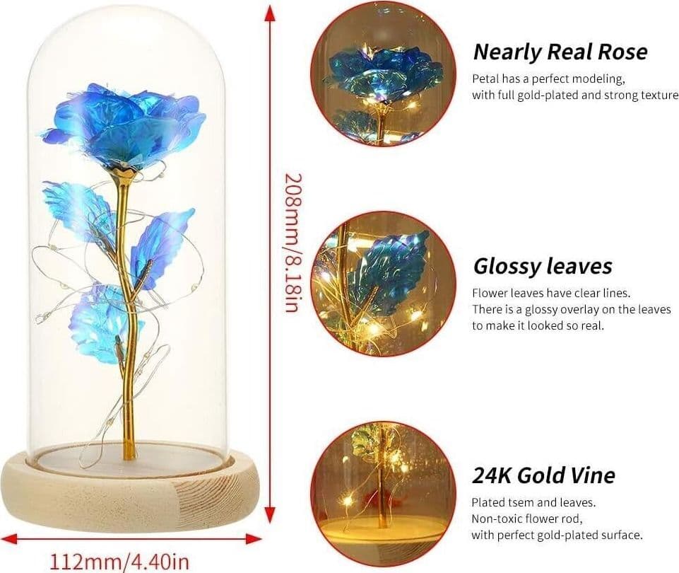 Rosa blu in lamina d'oro con luce a LED in base in legno con cupola di vetro in Fiori artificiali CL Store - Battipaglia, commercioVirtuoso.it