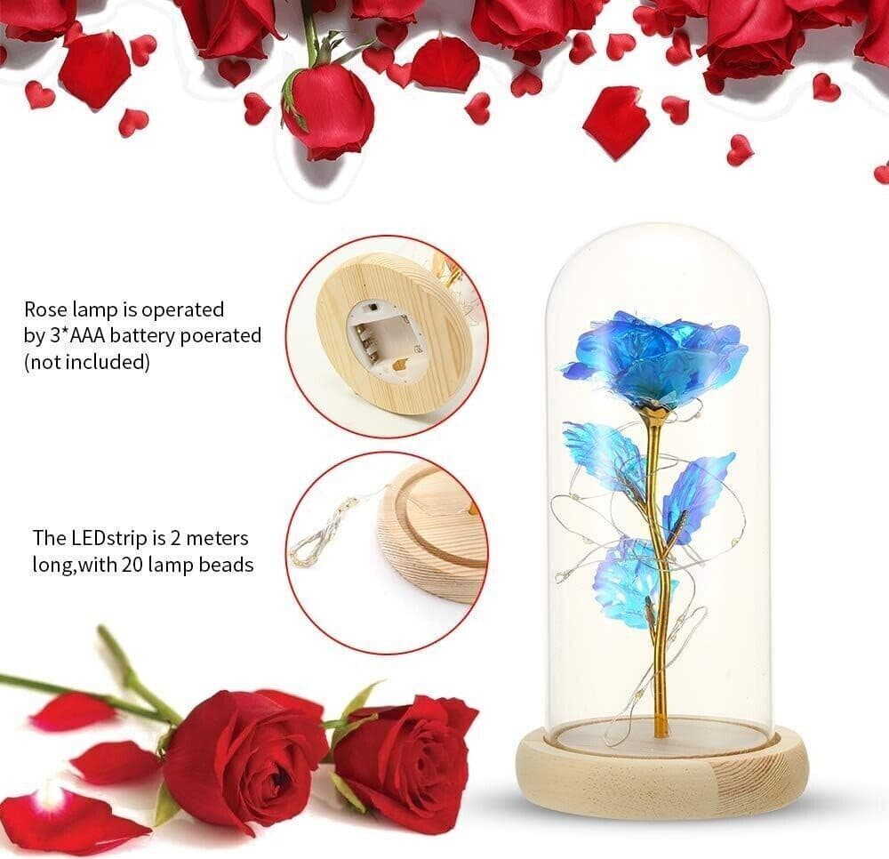 Rosa blu in lamina d'oro con luce a LED in base in legno con cupola di vetro in Fiori artificiali CL Store - Battipaglia, commercioVirtuoso.it