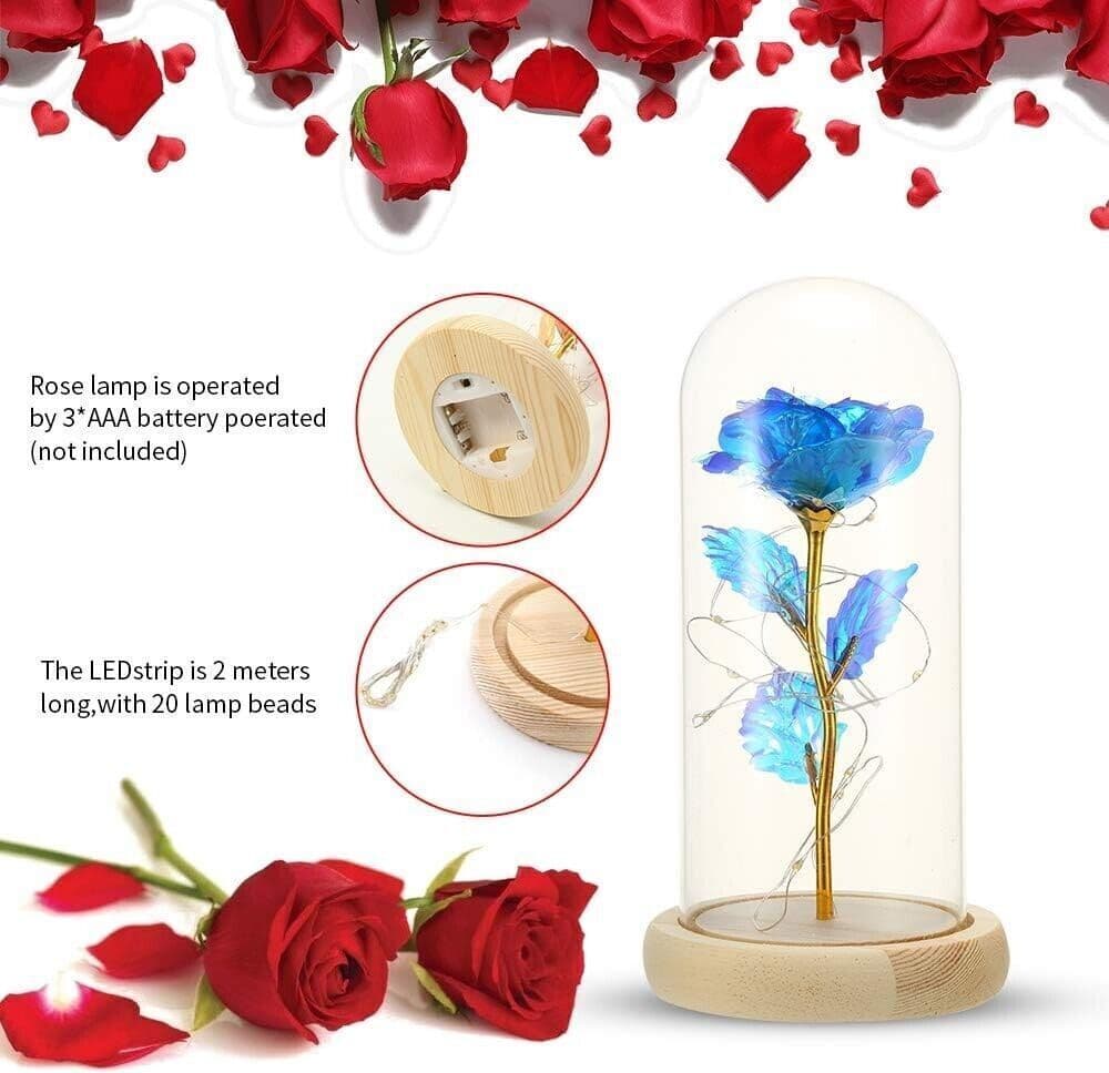 Rosa blu in lamina d'oro con luce a LED in base in legno con cupola di vetro in Fiori artificiali CL Store - Battipaglia, commercioVirtuoso.it