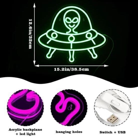 Insegna al neon aliena, insegne al neon verdi, navicella spaziale al neon a LED in Insegne luminose CL Store - Battipaglia, commercioVirtuoso.it