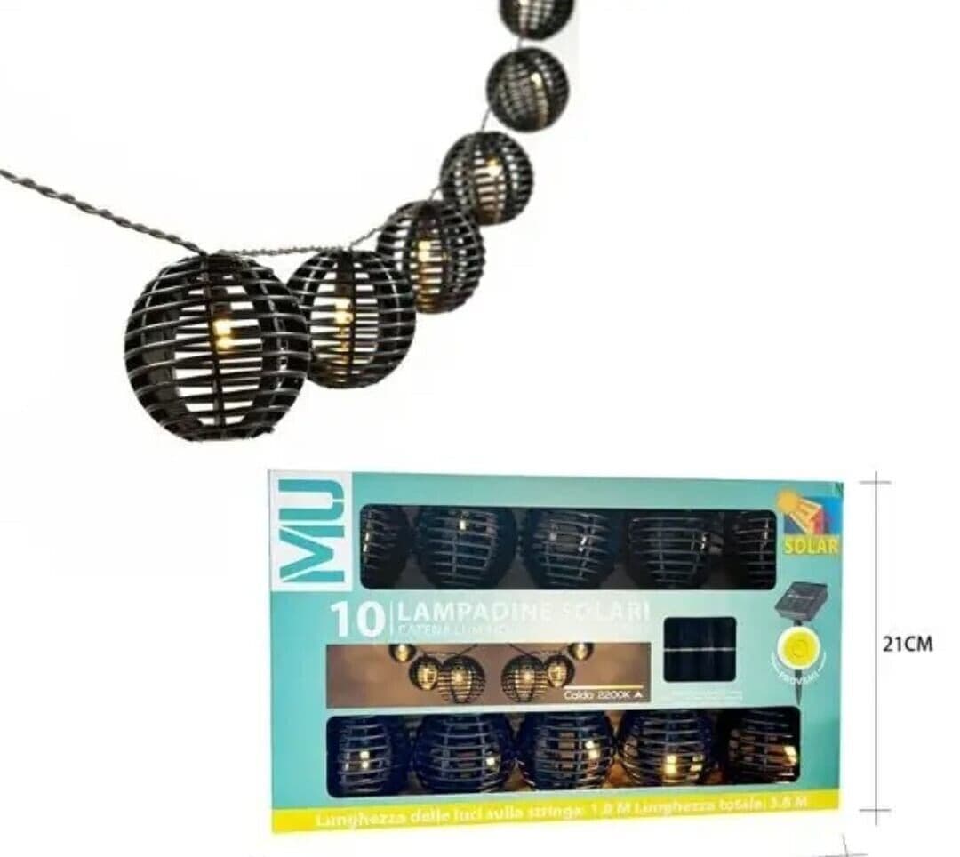 Luci solari da giardino nere con 10 lanterne in corda di canapa naturale in Catene luminose CL Store - Battipaglia, commercioVirtuoso.it