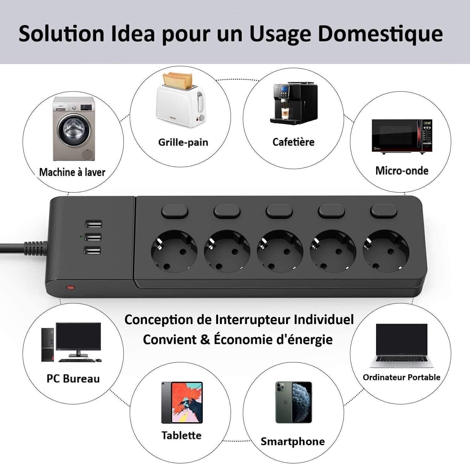 MiiKare Ciabatta elettrica con 5 prese, interruttore singolo, 3 porte USB in Multiprese CL Store - Battipaglia, commercioVirtuoso.it