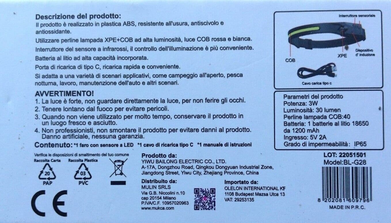 Lampada Frontale Led Con Sensore Torcia Da Testa Per Bicicletta Ed Escursionismo in  CL Store - Battipaglia, commercioVirtuoso.it