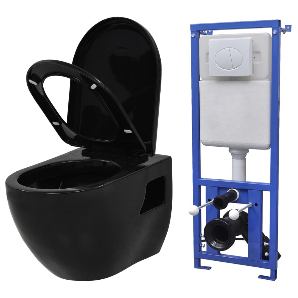 WC a Muro con Sciacquone Nascosto in Ceramica Nera 36 x 50 x 41,5 cm
