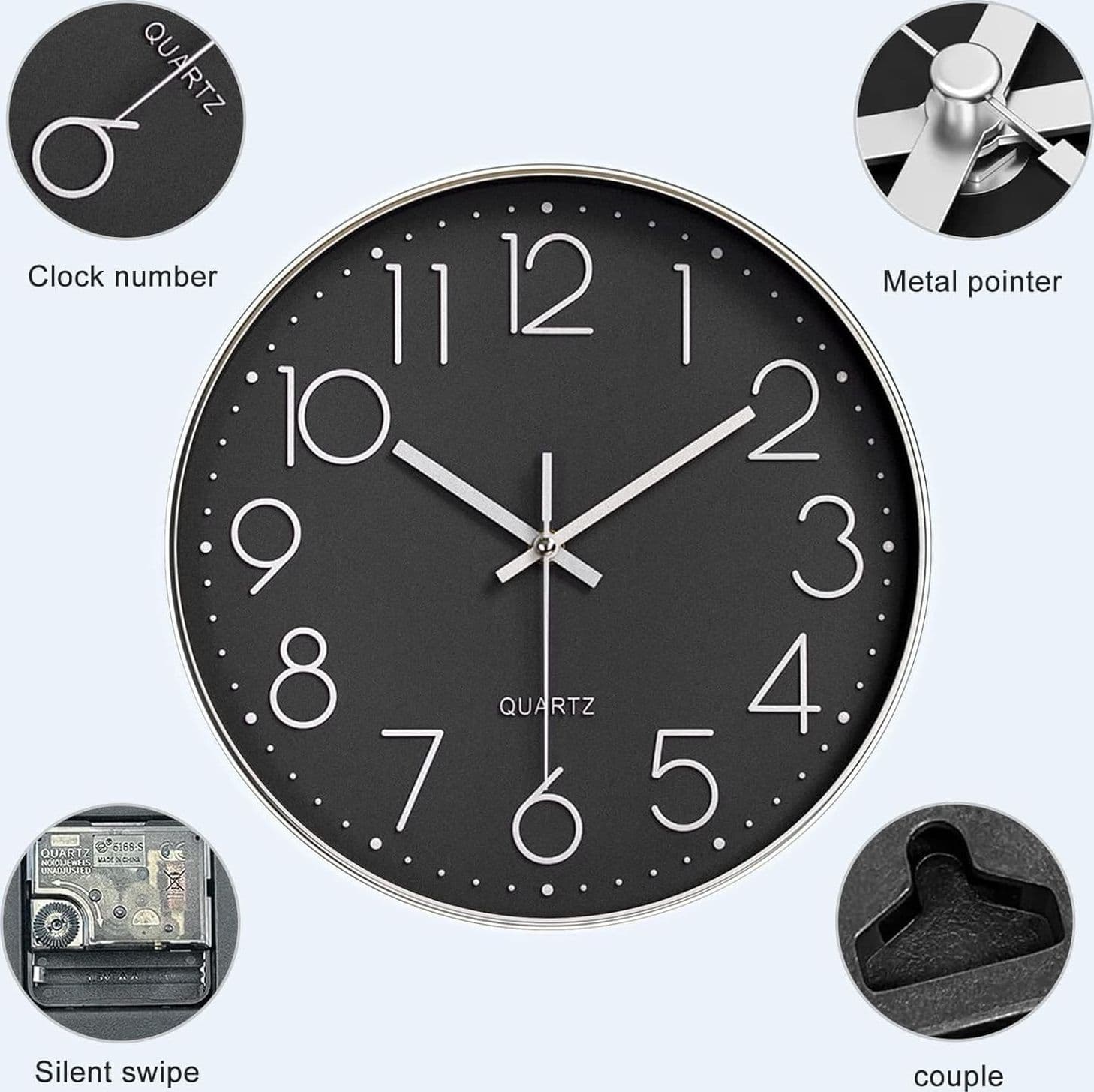 Orologio da parete Nutabevr da 12 pollici, nero, silenzioso, moderno, 30 cm in Orologi da parete CL Store - Battipaglia, commercioVirtuoso.it