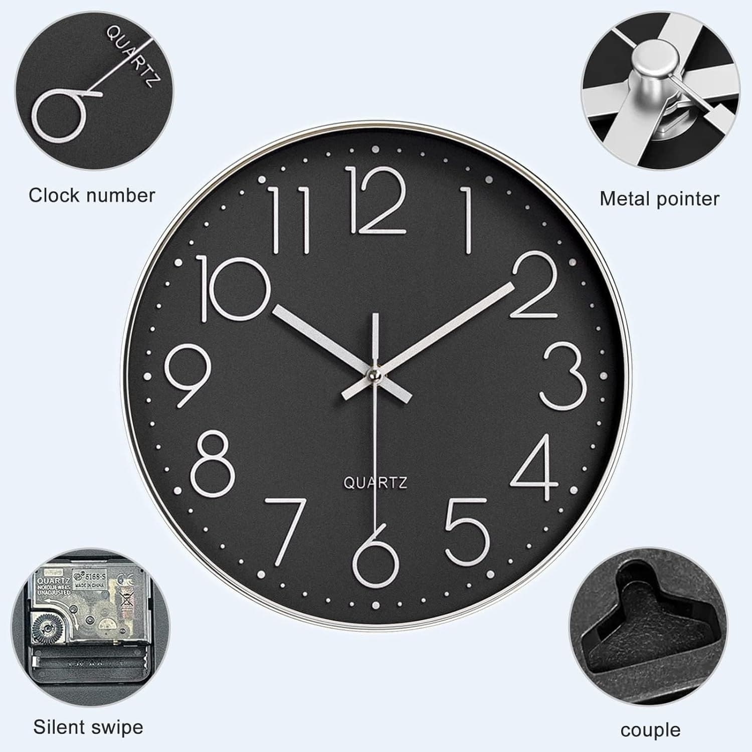 Orologio da parete Nutabevr da 12 pollici, nero, silenzioso, moderno, 30 cm in Orologi da parete CL Store - Battipaglia, commercioVirtuoso.it