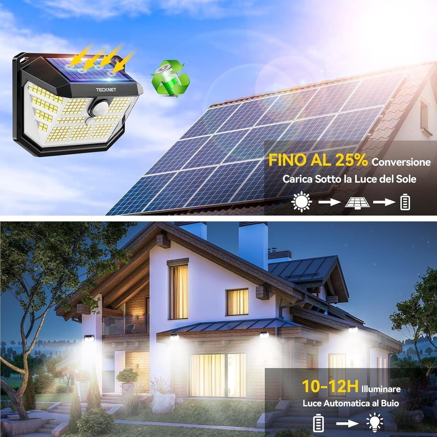 Luci solari per esterni TECKNET faretti solari a LED 3 Modalità con Sensore 2pz in Lampade da parete CL Store - Battipaglia, commercioVirtuoso.it