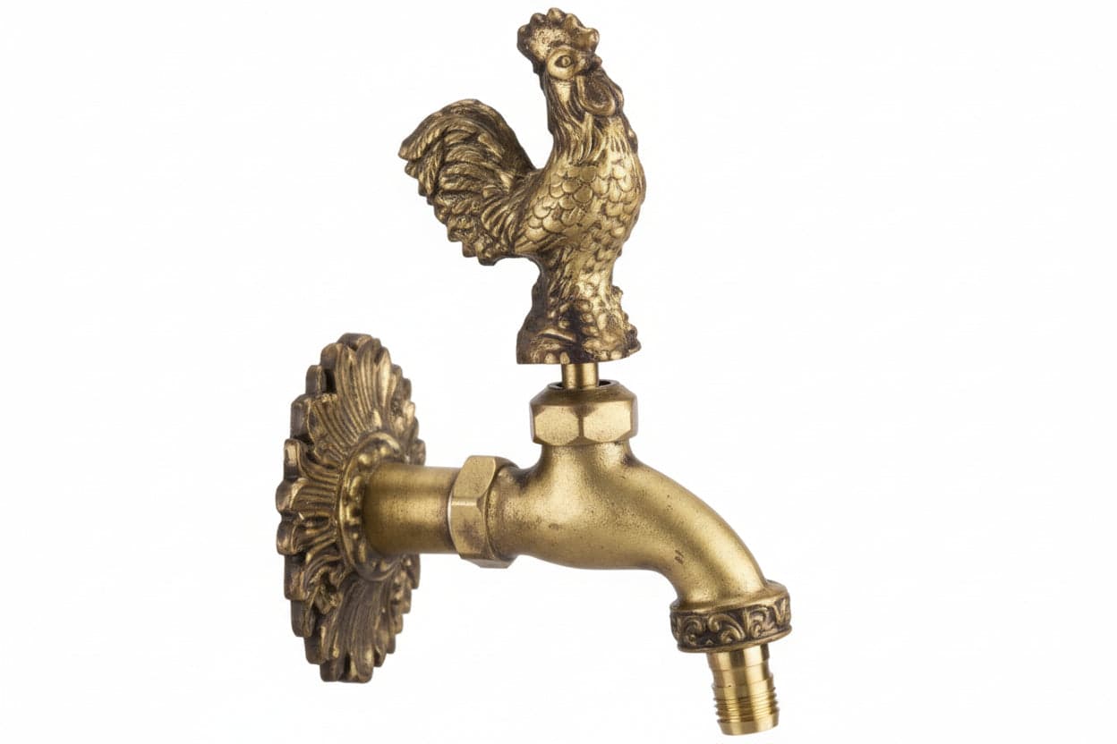 Rubinetto Artistico in Ottone Oro Anticato con Gallo Attacco M½ Raccordo