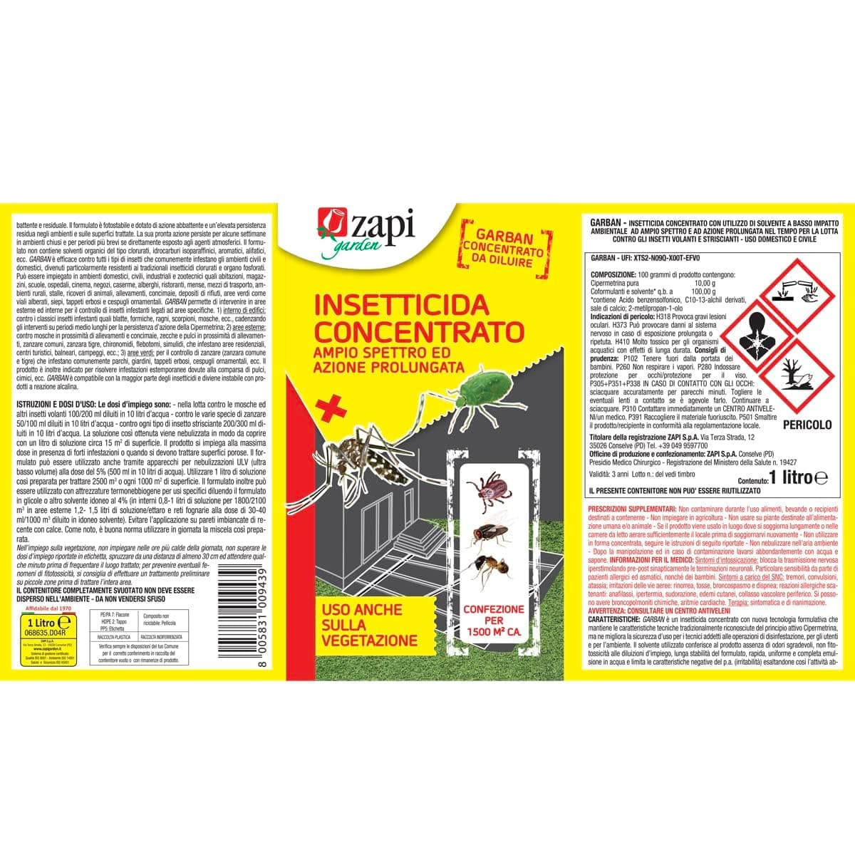 Insetticida Concentrato Zapi 1 L Contro Zanzare Mosche Zecche Pulci Blatte Formiche Ampio Spettro E Azione Prolungata in Vari insetti BricoGo - Marano di Napoli, commercioVirtuoso.it