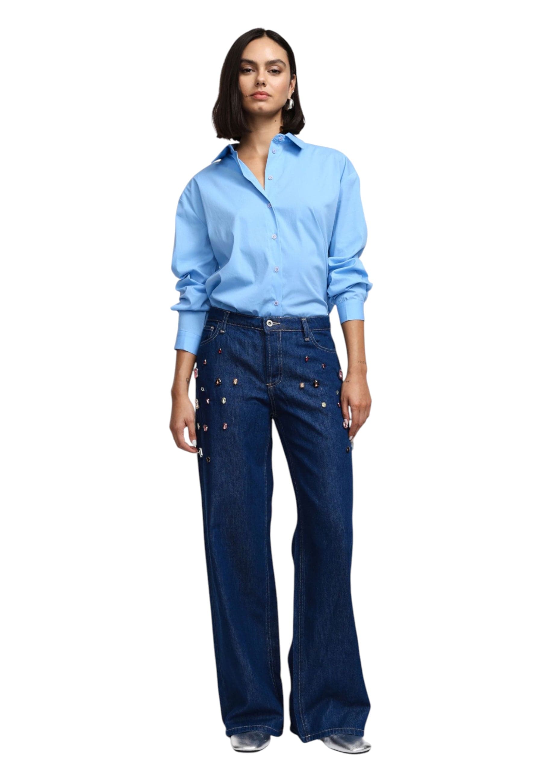 PLEASE Jeans a gamba ampia con gemme applicate Donna Please da donna in Jeans Drestige - Casamassima, commercioVirtuoso.it