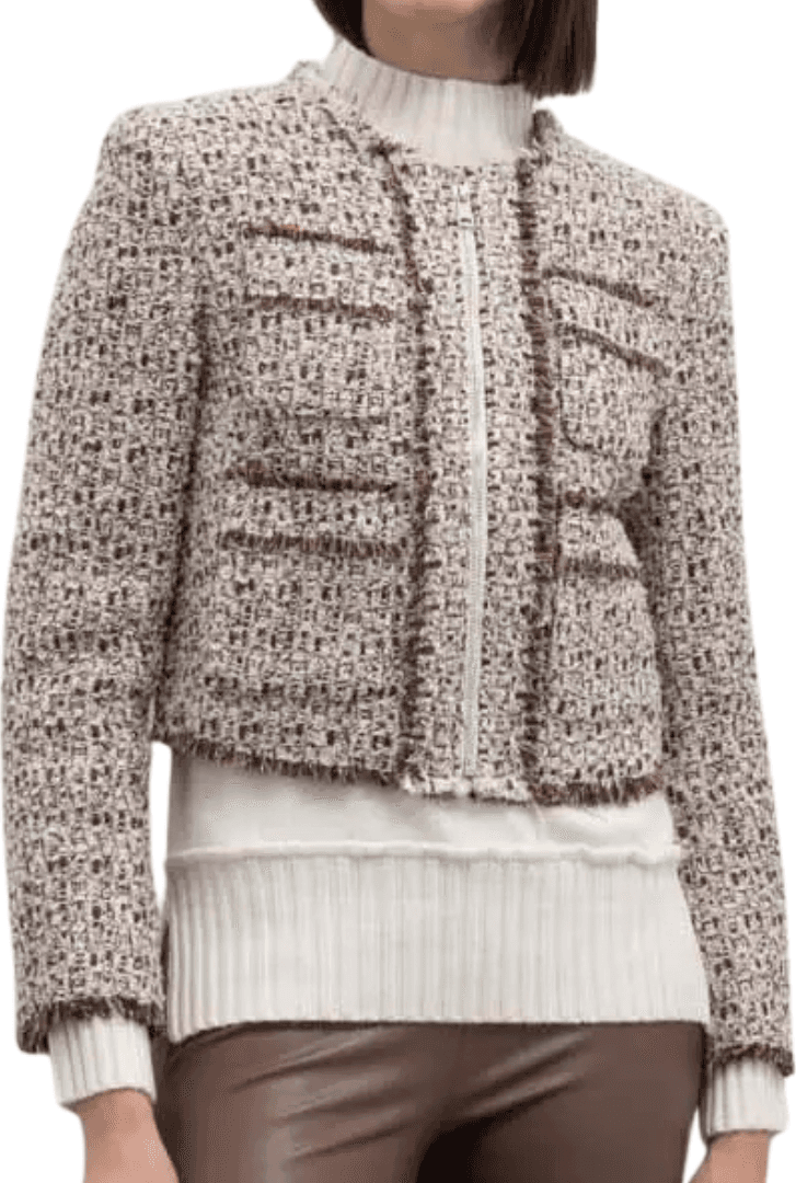 GOA GOA Goa Goa Giacca in tweed di lana con zip modello Persina colore naturale marrone con profili a contrasto da donna in Giacche Drestige - Casamassima, commercioVirtuoso.it