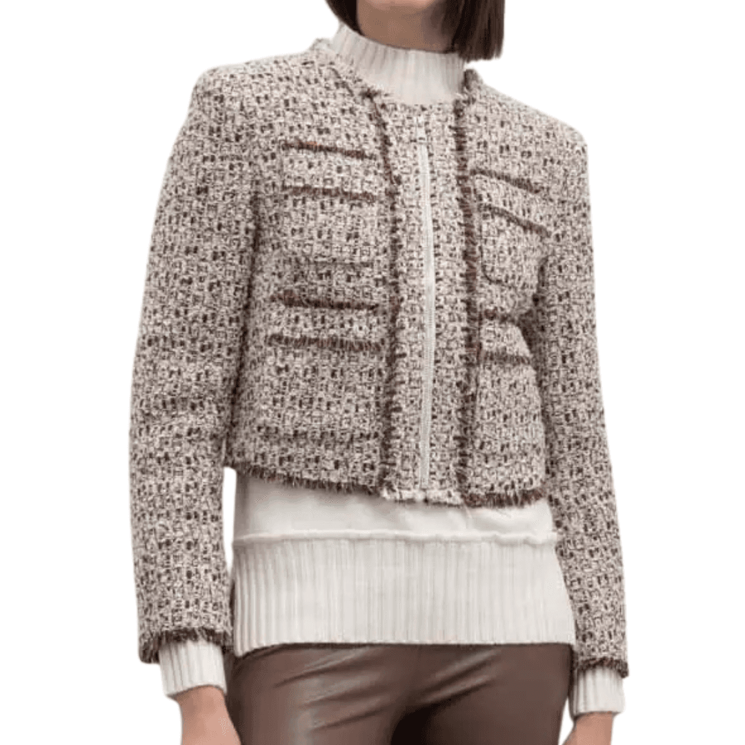 GOA GOA Goa Goa Giacca in tweed di lana con zip modello Persina colore naturale marrone con profili a contrasto da donna in Giacche Drestige - Casamassima, commercioVirtuoso.it