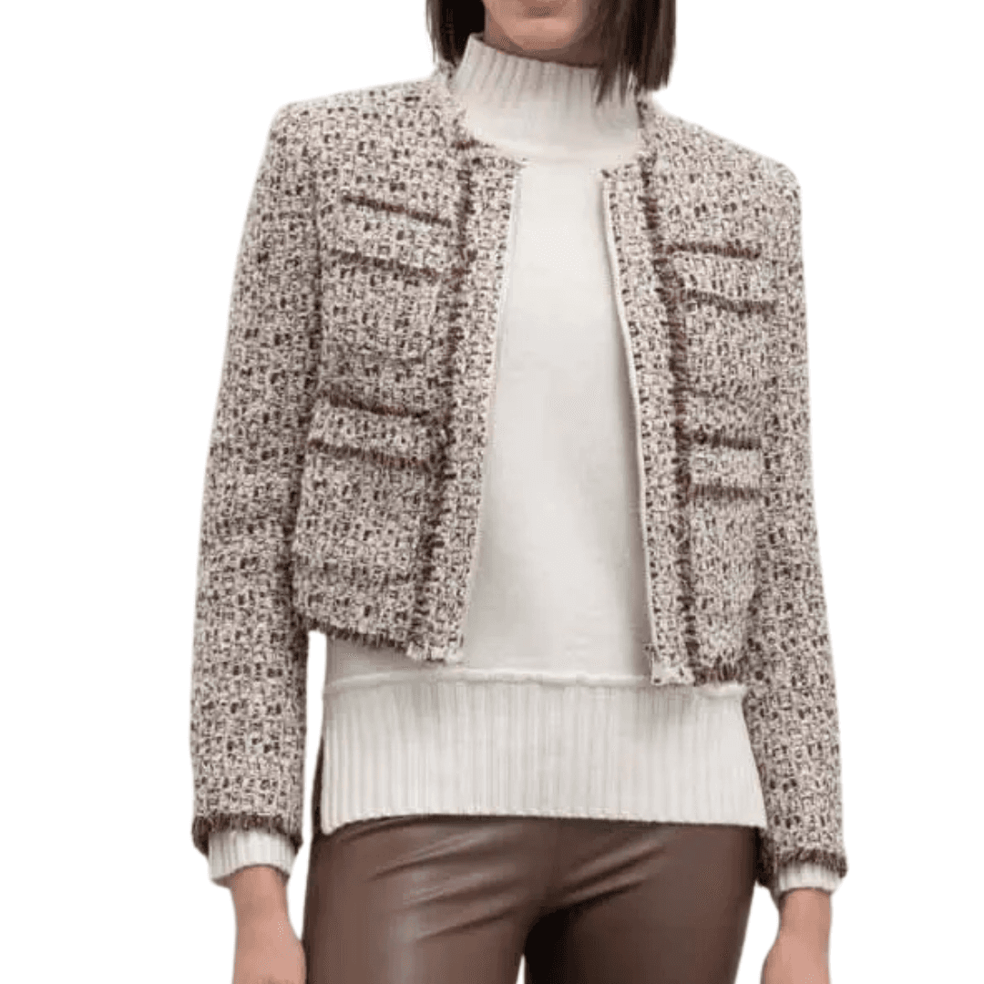 GOA GOA Goa Goa Giacca in tweed di lana con zip modello Persina colore naturale marrone con profili a contrasto da donna in Giacche Drestige - Casamassima, commercioVirtuoso.it