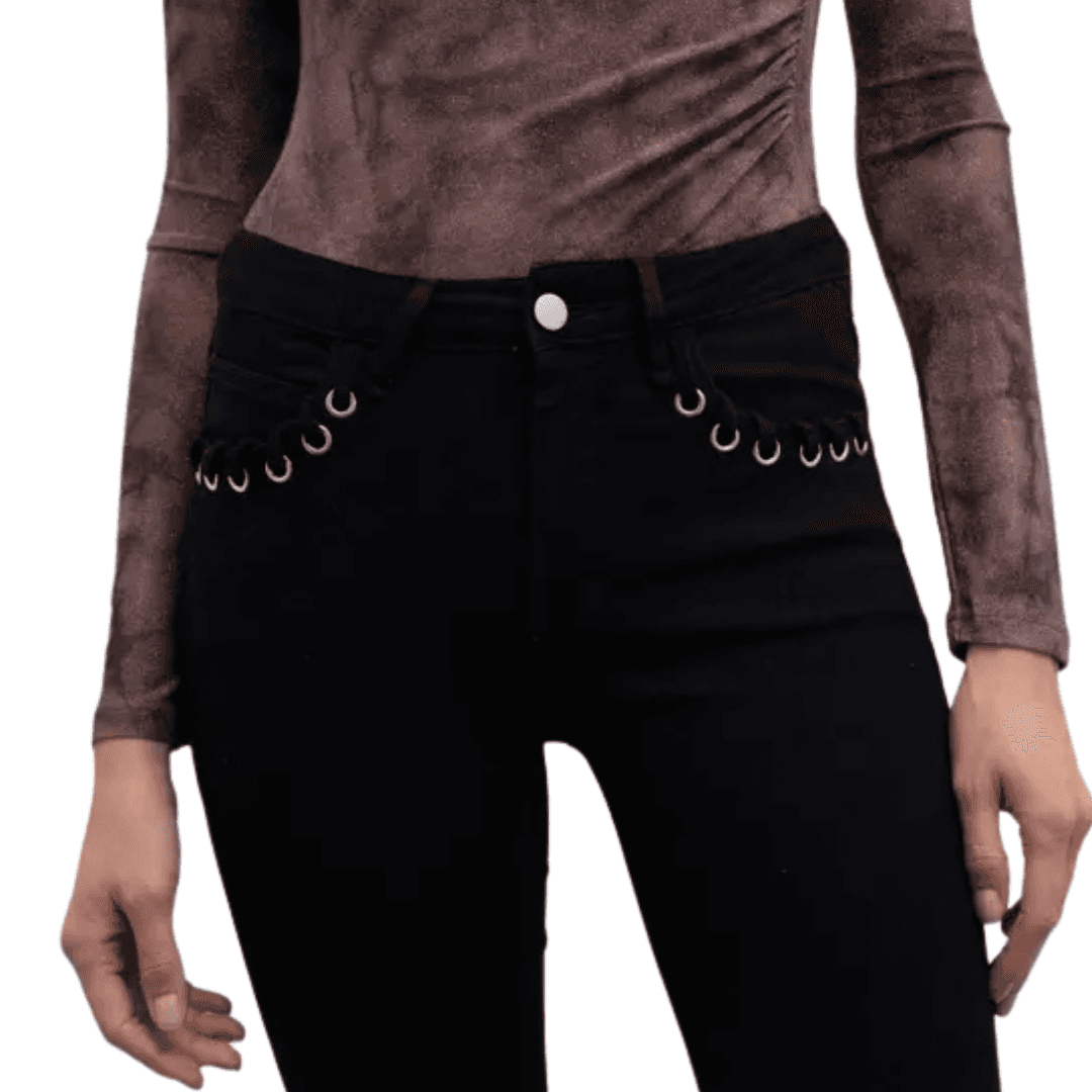 GOA GOA Goa Goa Jeans flare elasticizzato modello Roka colore nero con occhielli metallici da donna in Jeans Drestige - Casamassima, commercioVirtuoso.it