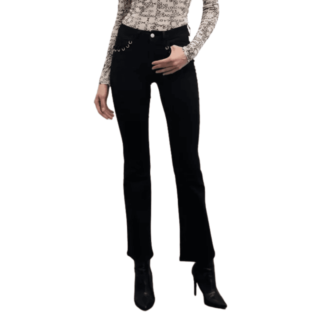 GOA GOA Goa Goa Jeans flare elasticizzato modello Roka colore nero con occhielli metallici da donna in Jeans Drestige - Casamassima, commercioVirtuoso.it