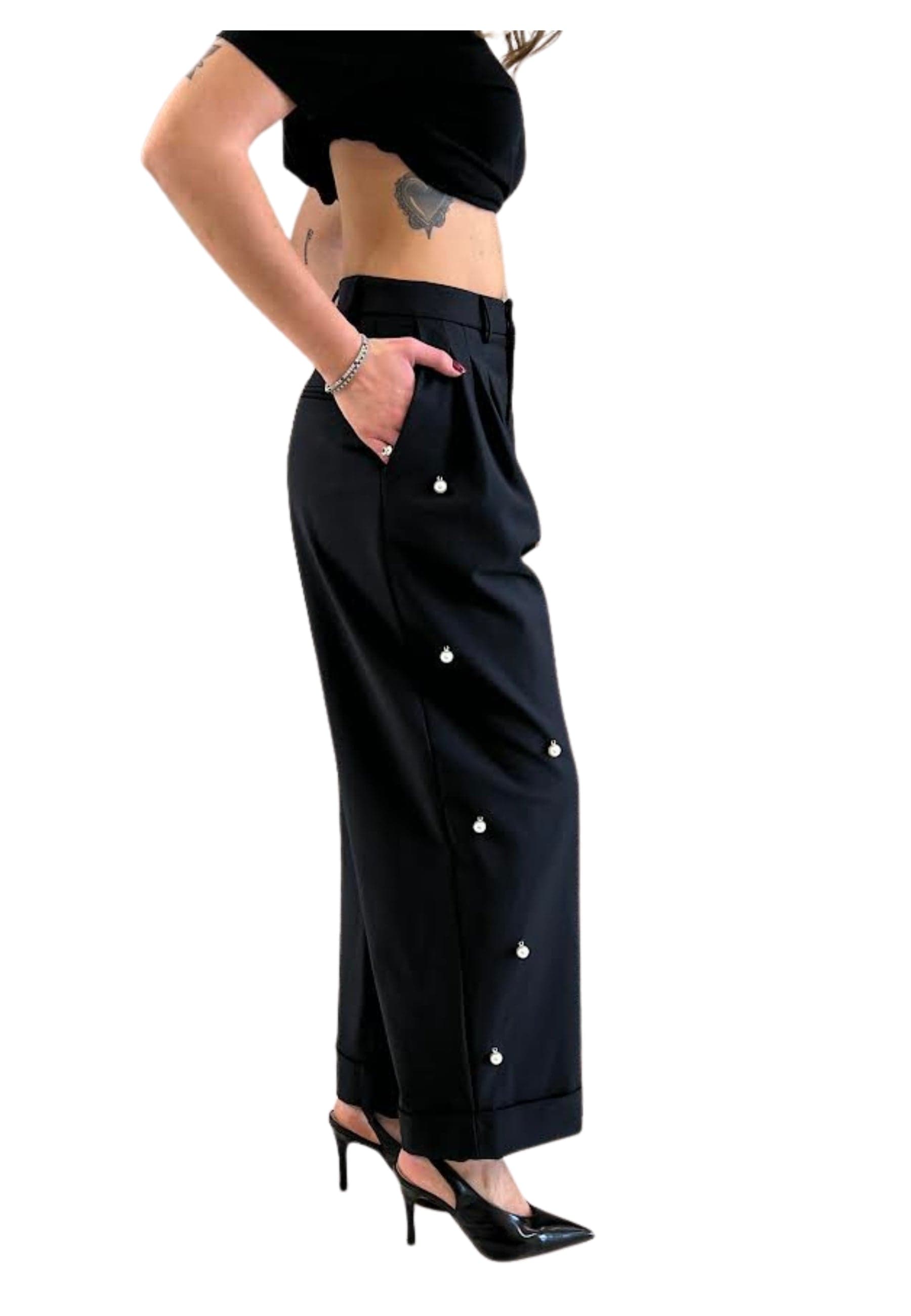 MEIMEIJ PANTALONE GAMBA LARGA Donna CON DETTAGLI CON PERLE da donna in Pantaloni Drestige - Casamassima, commercioVirtuoso.it