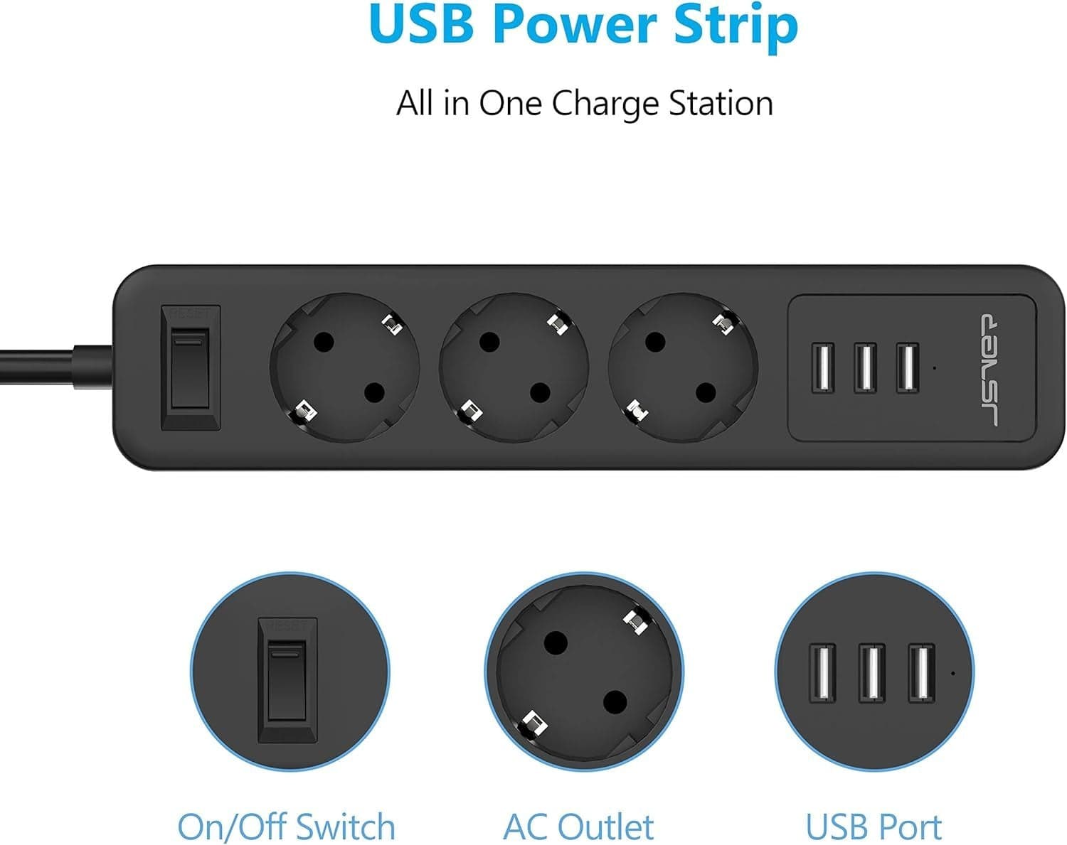 Ciabatta multipresa USB JSVER 3 prese con 3 prese USB 3 prese (due spine) in Multiprese CL Store - Battipaglia, commercioVirtuoso.it