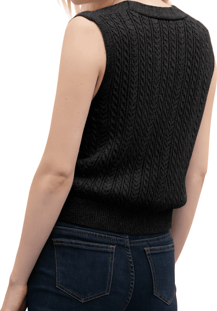 GOA GOA Goa Goa cardigan smanicato a trecce con micropaillettes modello Montini con scollo a V e bottoni nero da donna in Gilet Drestige - Casamassima, commercioVirtuoso.it