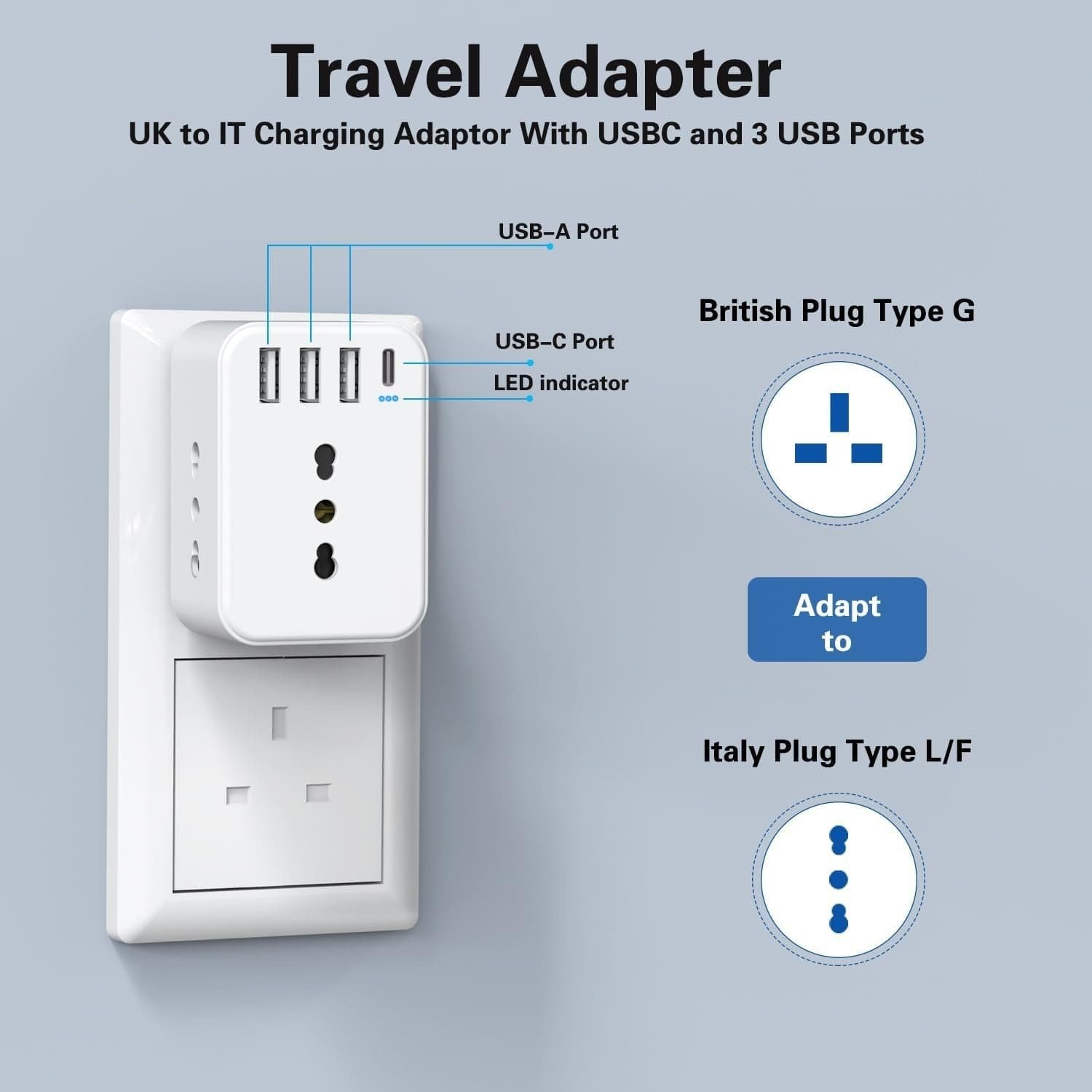 Adattatore Presa Inglese a Spina Italiana Adattatore con 3 Presa Schuko & 4 USB in Adattatori da viaggio CL Store - Battipaglia, commercioVirtuoso.it