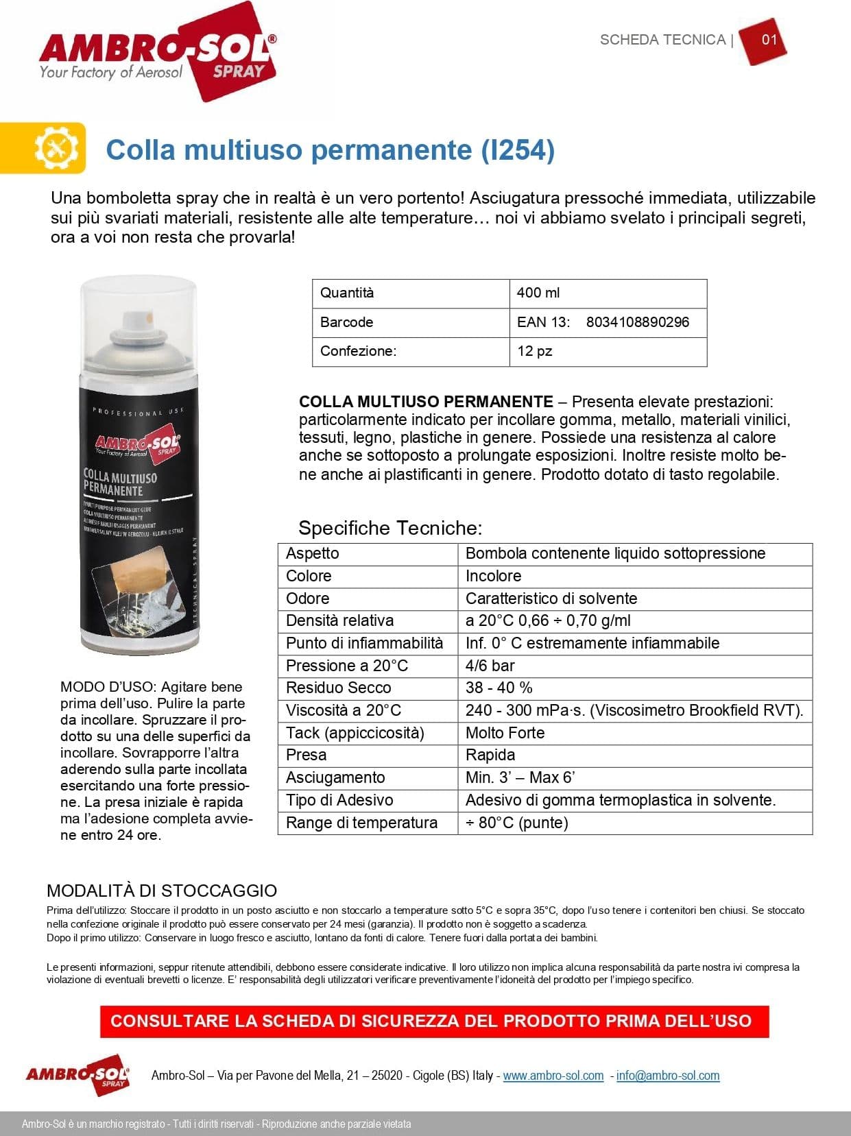 Colla Spray Multiuso 400 Ml Ad Alta Resistenza Per Metallo Legno Plastica Tessuti E Gomma Ambro-Sol in Spray adesivi BricoGo - Marano di Napoli, commercioVirtuoso.it