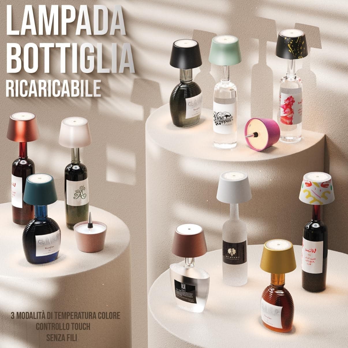 Lampada ricaricabile a forma di bottiglia da tavolo wireless dimmerabile in Lampade da tavolo e abat-jour CL Store - Battipaglia, commercioVirtuoso.it